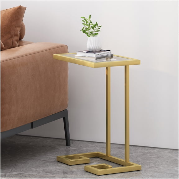 JERFIT Modern Gold C-Shaped End Table with Tempered Glass Top, Sofa Side Table for Living Room Bedroom