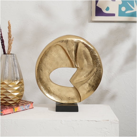JERFIT Modern Gold Circular Sculpture Art Decor, Rustic Aluminum Table Centerpiece for Home Office Desk