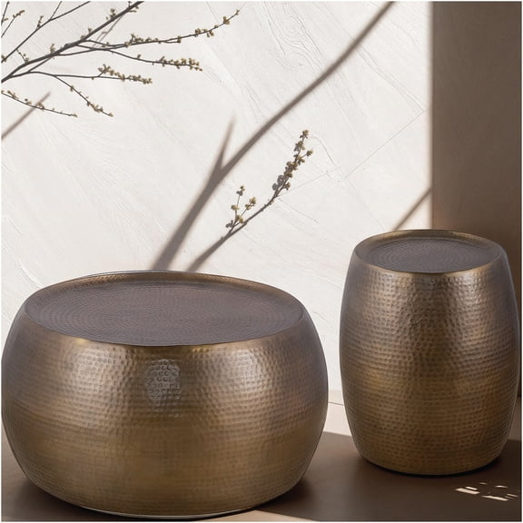 JERFIT Modern Gold Drum Coffee & End Table Set, 32 inch Round Aluminum Living Room Tables with Hand-Hammered Textured Top, No Assembly Required
