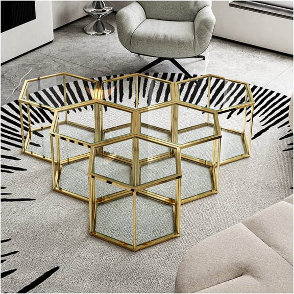 JERFIT Modern Gold End Table with Tempered Glass Top, Small Accent Table for Living Room, Bedroom, Rust-Resistant Stainless Steel Frame, Hexagon Side Table