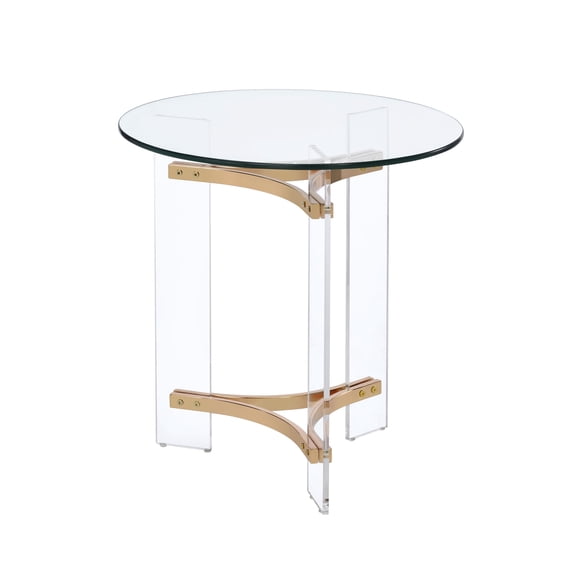 JERFIT Modern Gold End Table with Round Glass Top, Triangular Metal Base, Accent Table for Living Room, Bedroom, Office