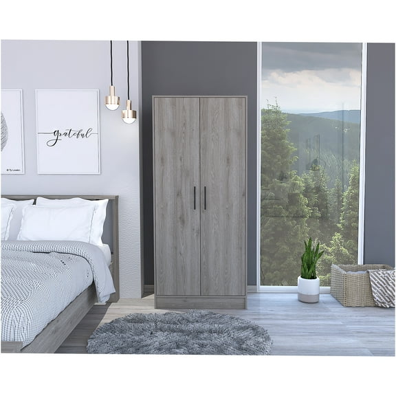 JERFIT Modern Gray Armoire with Double Doors, Hanging Rod, Drawer & Shelves for Bedroom Closet Storage Organizer
