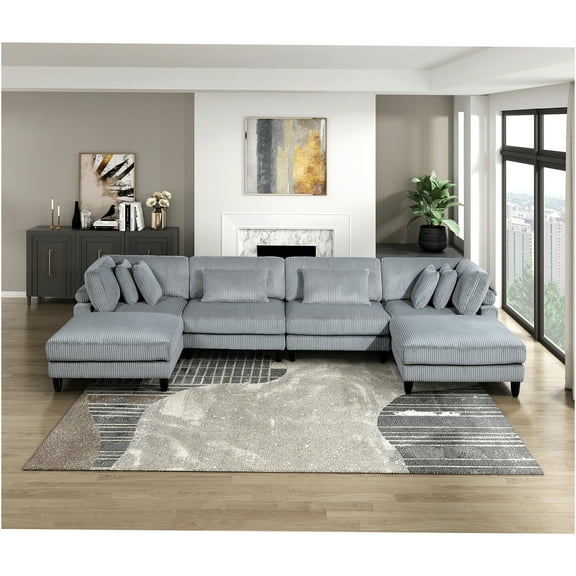 JERFIT Modern Gray Corduroy Modular Sectional Sofa Set with 2 Ottomans and Pillows for Living Room
