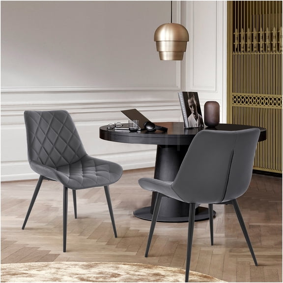 JERFIT Modern Gray Dining Chairs Set of 2, Faux Leather Upholstered Side Chairs with Diamond Tufting, Black Metal Legs