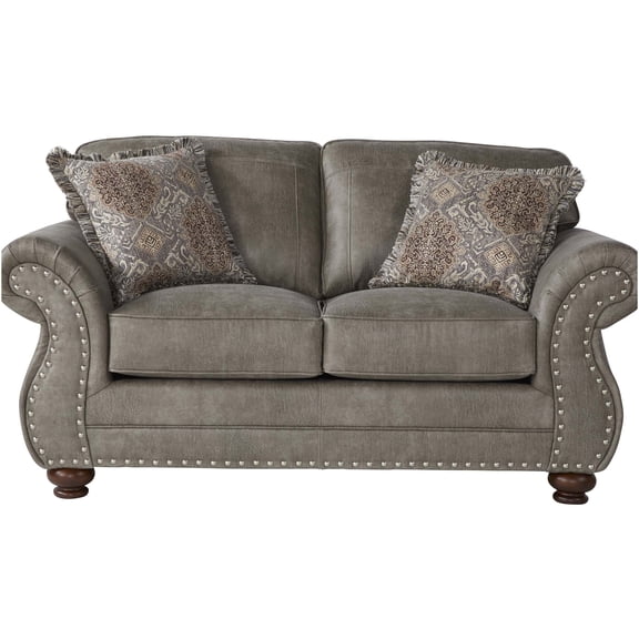JERFIT Modern Gray Faux Leather Loveseat Sofa with Nailhead Trim and Accent Pillows for Living Room