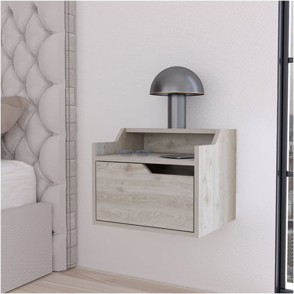 JERFIT Modern Gray Floating Nightstand with Drawer, Wall Mounted Bedside Table with 2 Shelves for Small Space