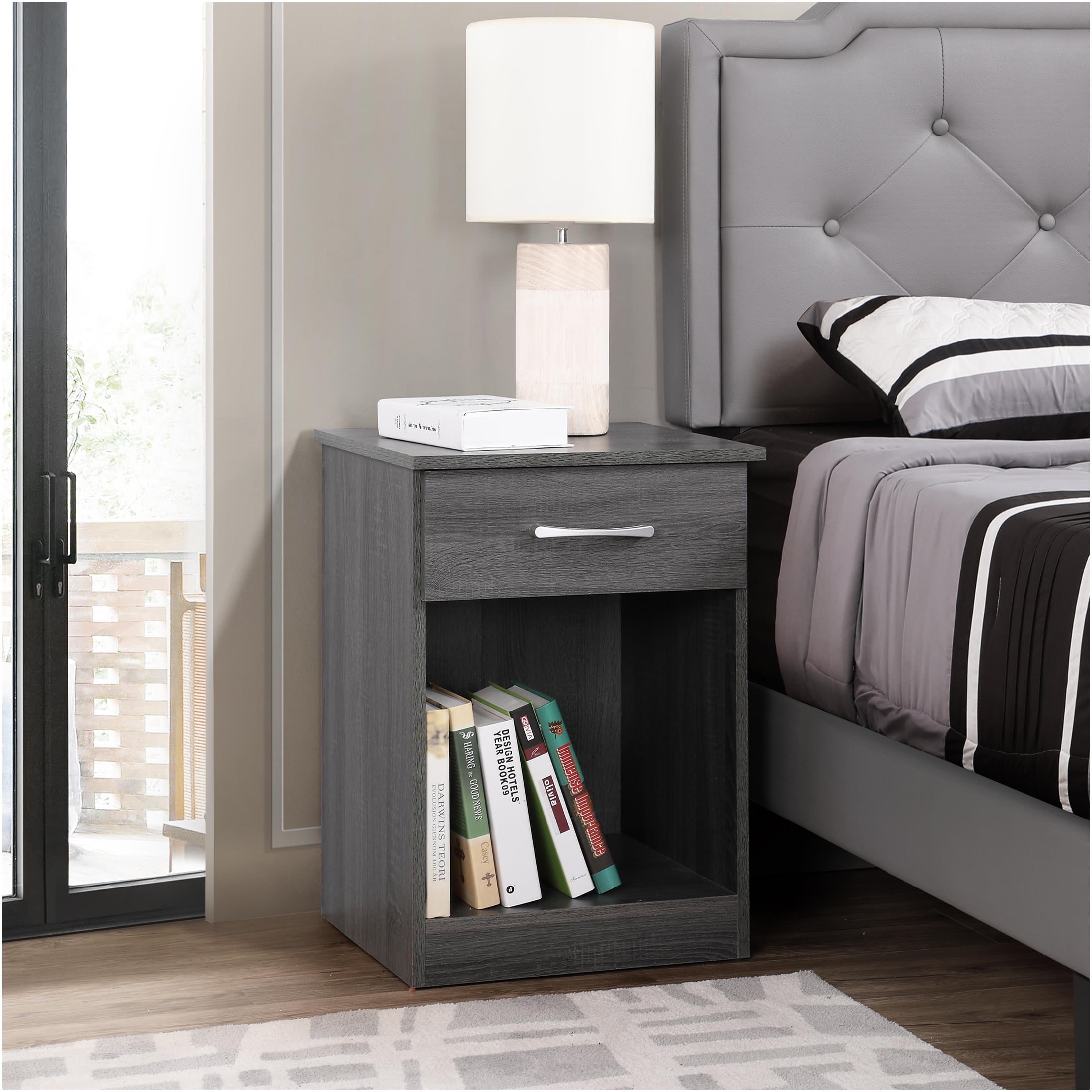 JERFIT Modern Gray Nightstand with Drawer, Wood Bedside Table for Small ...