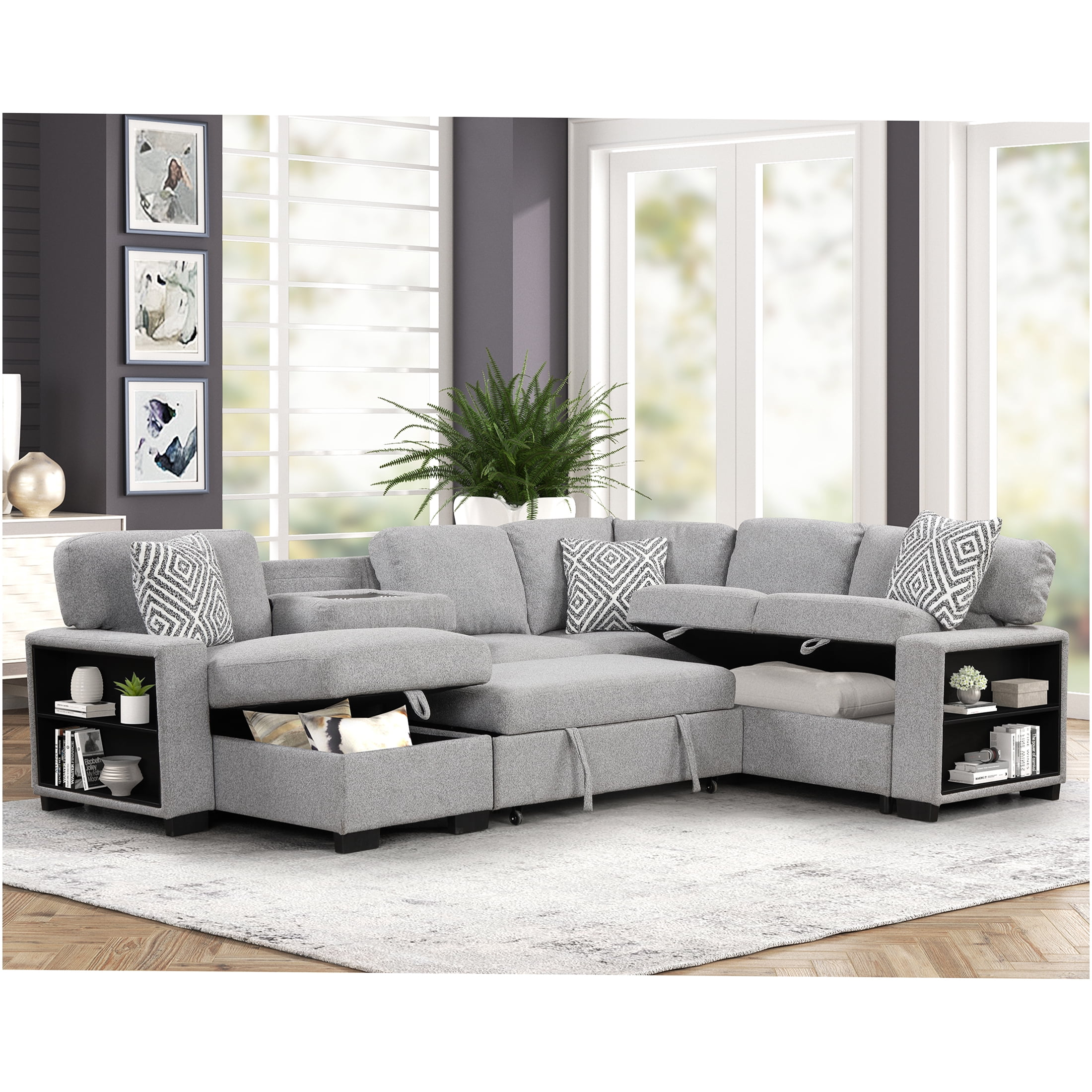 JERFIT Modern Gray Sectional Sofa with Pull-Out Bed, Reversible Chaise ...