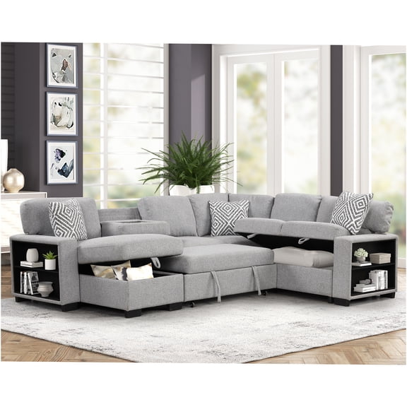 JERFIT Modern Gray Sectional Sofa with Pull-Out Bed, Reversible Chaise, Storage Bookcases, USB Charging Station, and Cup Holders