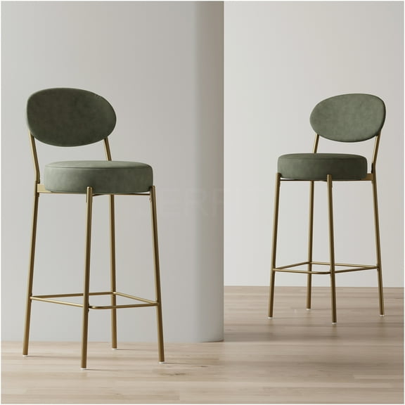 JERFIT Modern Green Faux Leather Counter Stools Set of 2 with Gold Metal Legs, Low Back PU Upholstered Bar Height Dining Chairs for Kitchen Island, Home Bar