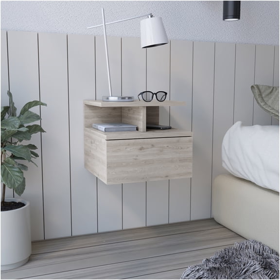 JERFIT Modern Grey Floating Nightstand with Drawer, Bedside Table with Open Shelf for Bedroom Storage