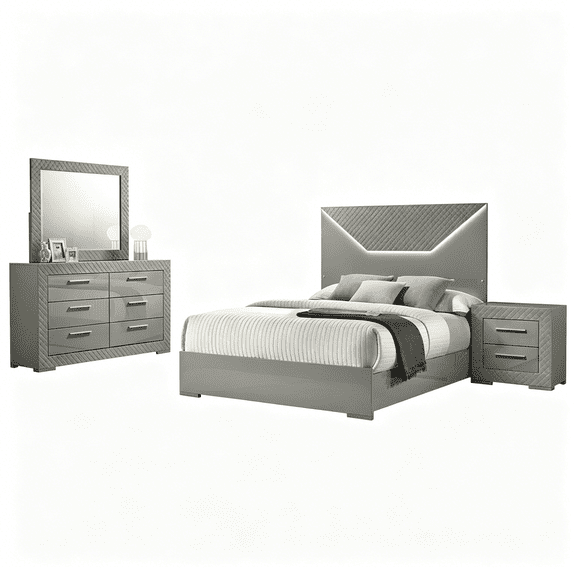JERFIT Modern Grey High Gloss Queen Bedroom Set with LED Lights, 4-Piece Bed, Dresser, Nightstand & Mirror