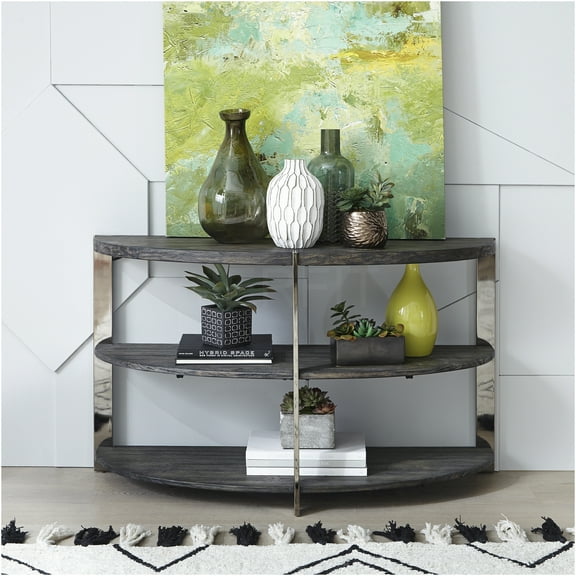 JERFIT Modern Half Moon Console Table with 2 Shelves, Sofa Table for Living Room, Bedroom, Entryway, Charcoal Grey & Metal