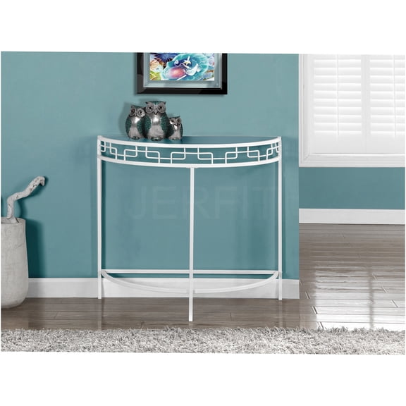 JERFIT Modern Half Moon Console Table with Tempered Glass Top, Narrow Sofa Table for Entryway, Living Room & Bedroom, White