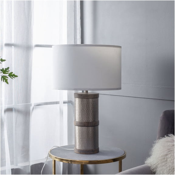 JERFIT Modern Hammered Iron Table Lamp with Mango Wood Base & Fabric Drum Shade for Bedroom, Living Room, Office