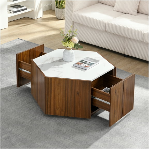 JERFIT Modern Hexagon Coffee Table with Hidden Drawers, White Marble Top Walnut Finish MDF Side Table for Living Room