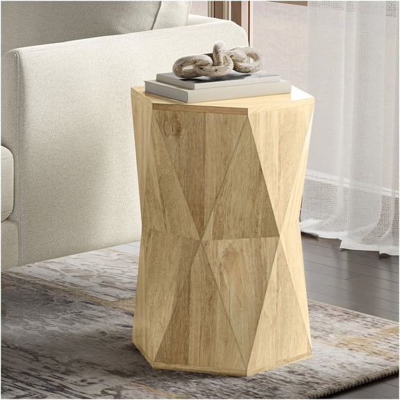 JERFIT Modern Hexagon Side Table for Living Room, Solid Mango Wood End Table with Geometric Design, Natural Finish Accent Table Nightstand