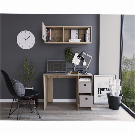 JERFIT Modern Home Office Desk Set with Wall Cabinet, 2-Shelf & 2-Drawer Computer Desk, Light Oak/Taupe Finish, Particle Board Storage Solution for Small Space