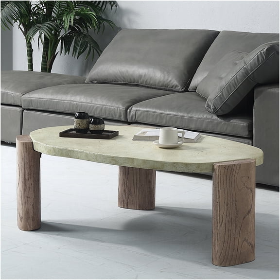 JERFIT Modern Industrial Cement Coffee Table with Oak Legs, 40" Oval Lift-Top Cocktail Table for Living Room