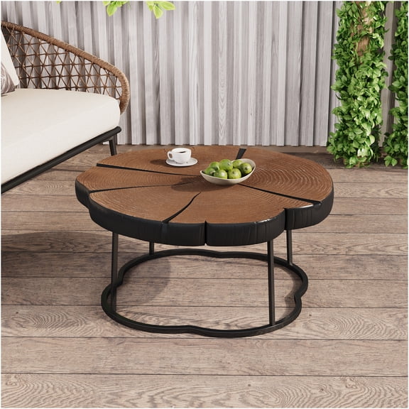 JERFIT Modern Industrial Coffee Table, 27 Inch Irregular Shape with MGO Top & Metal Base, 132 lbs Capacity, Artisan Crafted Center Table for Living Room, Black and Natural