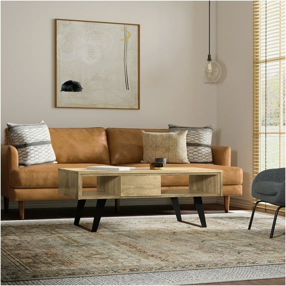 JERFIT Modern Industrial Coffee Table with Storage, 48" Mango Wood Cocktail Table with 2 Drawers for Living Room, Natural Finish