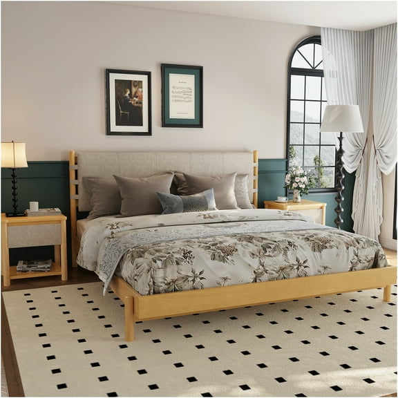 JERFIT Modern King Bedroom Set with 2 Nightstands, Beige Wood Platform Bed Frame and Headboard, 3-Piece Storage Bedroom Suite