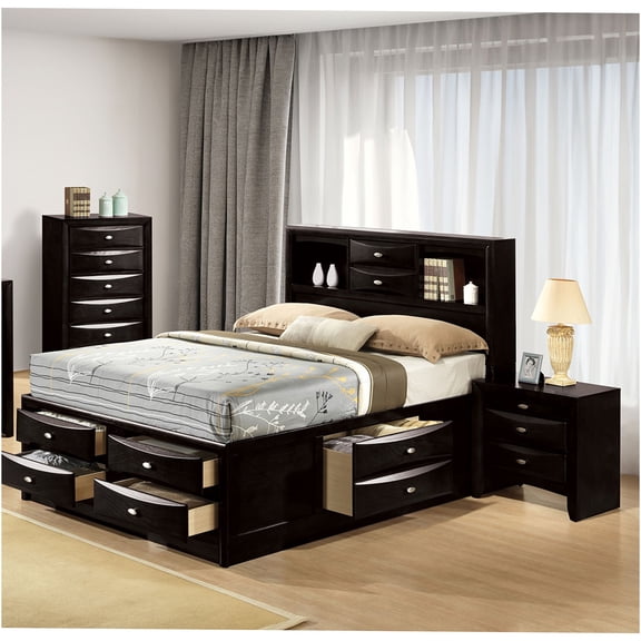 JERFIT Modern King Bedroom Set with Bookcase Headboard & Nightstands, Black 3-Piece Bed Furniture, No Box Spring Needed