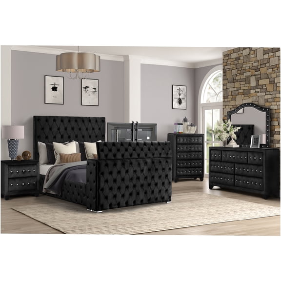JERFIT Modern King Size 5-Piece Bedroom Set with Electric Fireplace TV Storage, Velvet Upholstered Platform Bed, Dresser, Mirror, Nightstand & Chest in Black