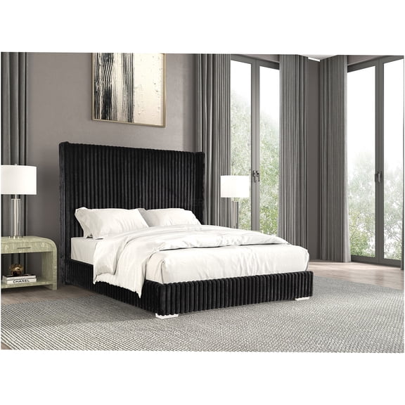 JERFIT Modern King Size Bed Frame with Plush Chenille Upholstery, Mattress Foundation Ready Platform Bed for Bedroom, Black