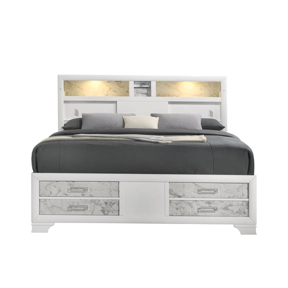 JERFIT Modern King Size Bed Frame with Storage Drawers, USB Charging, Bluetooth Speakers and LED Headboard in White