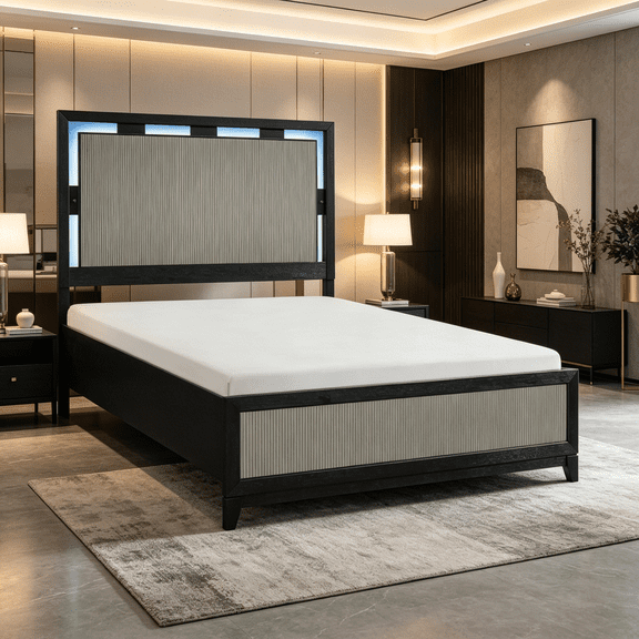 JERFIT Modern King Size Bed with LED Headboard, Charcoal Gray Solid Wood Platform Bed, Reeded Panel Bedroom Furniture