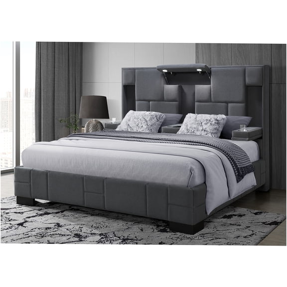 JERFIT Modern King Size Bed with Wireless Charging, LED Lights and Speakers, Dark Gray Upholstered Platform Bed, Rubber Wood Frame