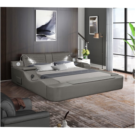 JERFIT Modern King Size Smart Bed with Massage, Bluetooth Speakers, Storage Charging Station, Gray Wood Platform Bed