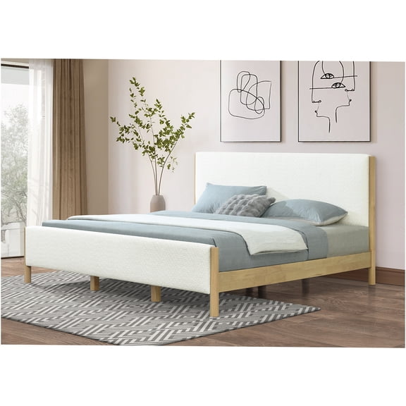 JERFIT Modern King Size Upholstered Platform Bed Frame with Boucle Fabric and Wood Legs, No Box Spring Needed, White