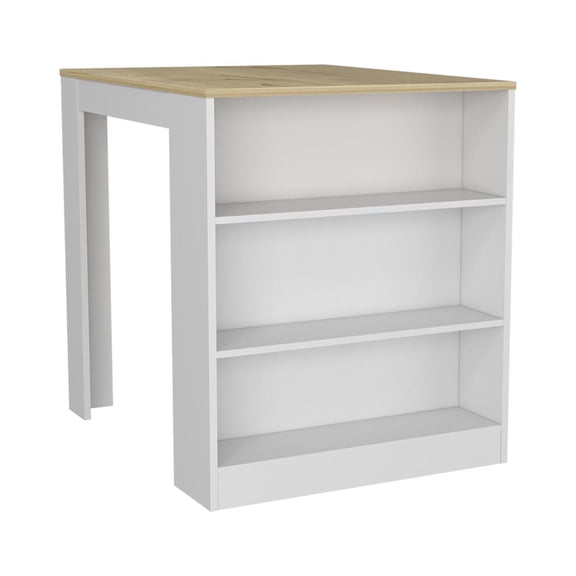 JERFIT Modern Kitchen Island Cart with Storage Shelves, White and Light Oak Finish, Mobile Trolley Table for Small Space Dining, Breakfast Bar, Prep Station