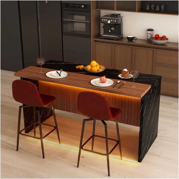JERFIT Modern Kitchen Island with 2 Bar Stools, Black Marble Countertop, Built-in LED Lights, Grill Design for Dining and Entertaining