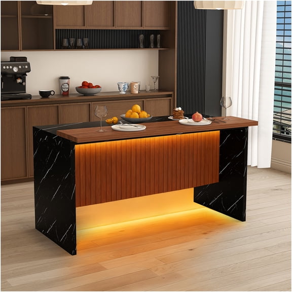 JERFIT Modern Kitchen Island with Marble Countertop, LED Lights, Storage & Wine Rack for Dining and Living Room, Black and Walnut