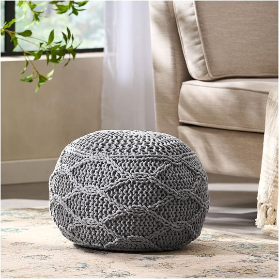 JERFIT Modern Knit Pouf Ottoman for Living Room, Soft Wool Storage Footstool Accent Stool, Grey Round Pouffe for Bedroom