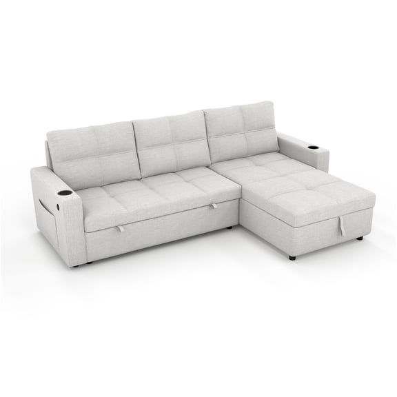 JERFIT Modern L-Shape Convertible Sofa Bed with Storage, USB Charging & Cup Holders, Sleeper Sectional Couch for Small Space, Beige