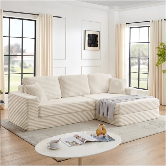 JERFIT Modern L-Shape Modular Sofa Bed, Reversible Sectional Couch with Storage, Convertible to Queen Size Bed, Foam Filled, Beige Corduroy Fabric, No Assembly Required
