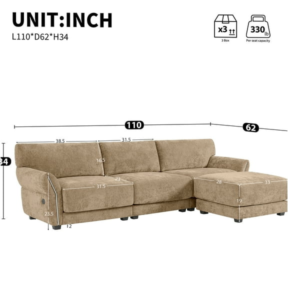 JERFIT Modern L-Shape Sectional Sofa with Charging Ports, Ottoman, and Plush Chenille Upholstery for Living Room, Khaki