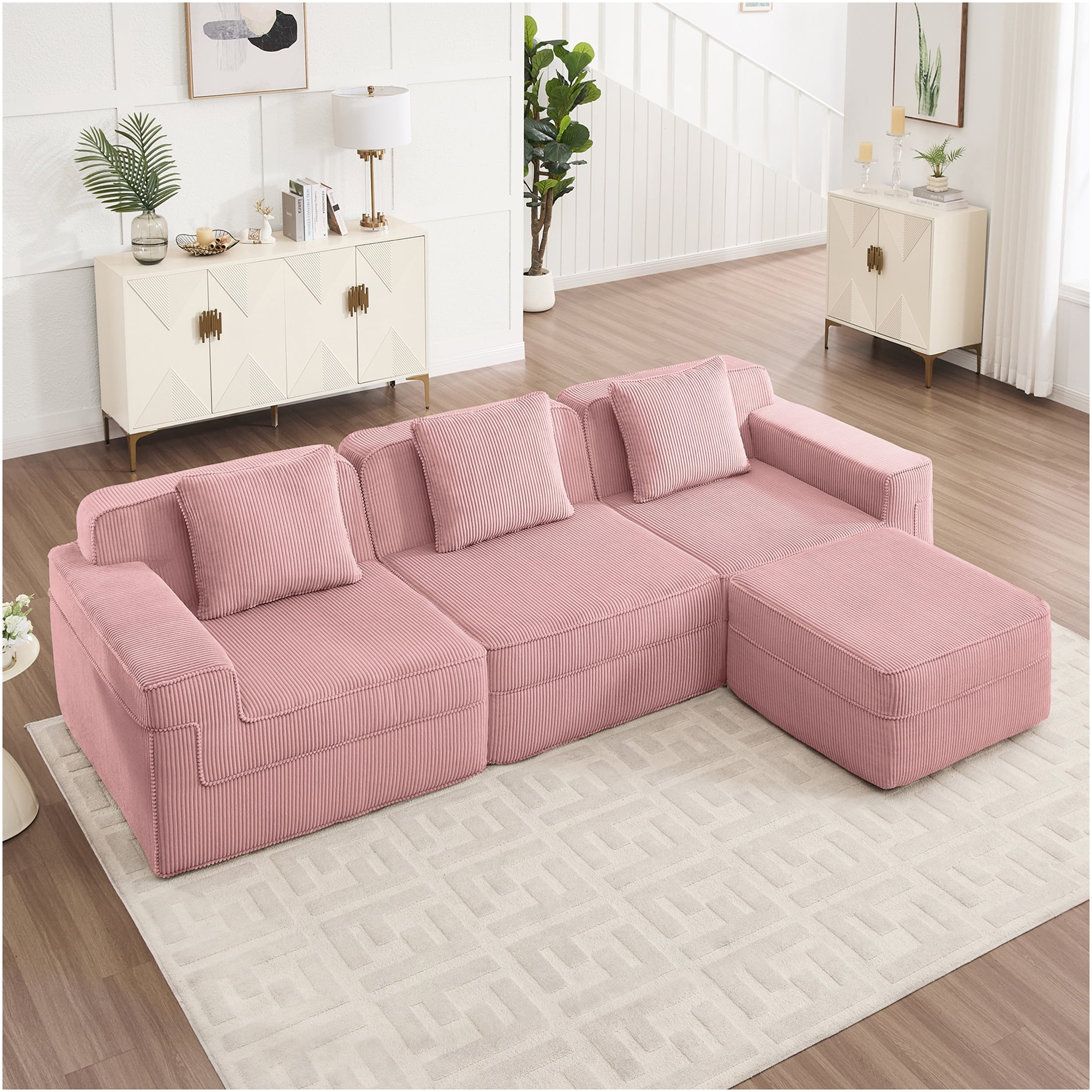 JERFIT Modern L-Shaped 3-Piece Sectional Sofa with Ottoman, Plush ...