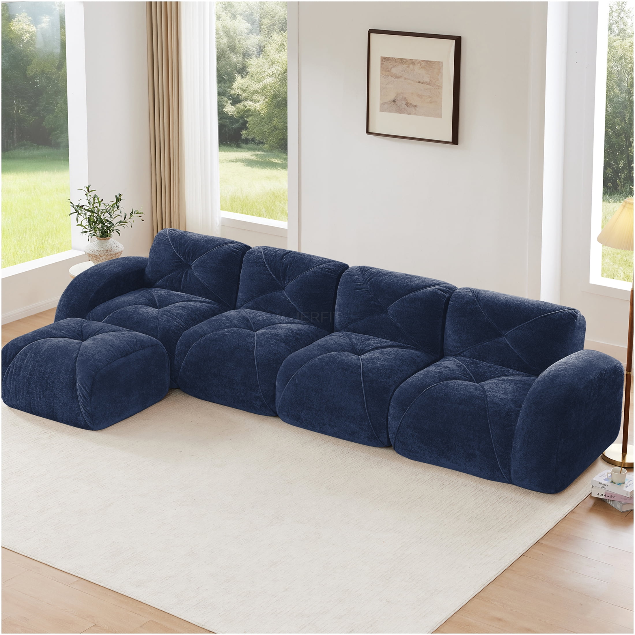 JERFIT Modern L-Shaped Cloud Couch Sofa with Ottoman, Velvet Upholstery ...