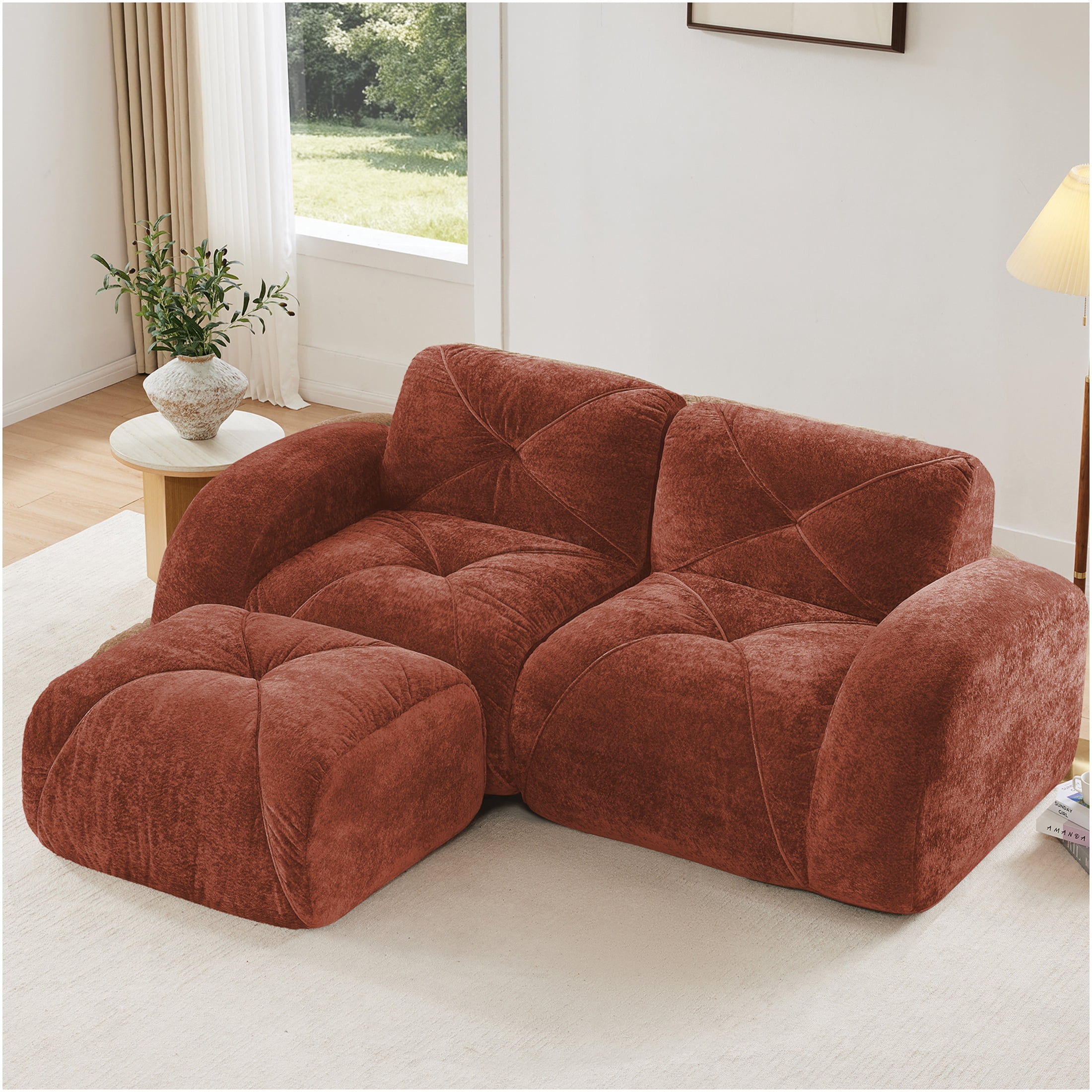 JERFIT Modern L-Shaped Cloud Couch Sofa with Ottoman, Velvet Upholstery ...