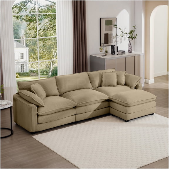 JERFIT Modern L-Shaped Corduroy 3-Seater Sofa with Ottoman, Space Saving Sectional Couch for Small Spaces, Tan