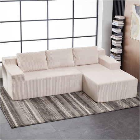 JERFIT Modern L-Shaped Corduroy Sectional Sofa with Chaise, 3-Seater Floor Couch, Beige Plush Foam Furniture for Living Room, Bedroom, No Assembly Required