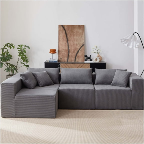 JERFIT Modern L-Shaped Corduroy Sectional Sofa Set, Modular Floor Couch with Foam Cushions for Living Room, Apartment, No Assembly Required, Grey