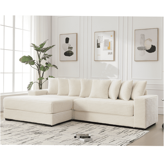 JERFIT Modern L-Shaped Corduroy Sectional Sofa with Chaise and Pillows, Beige Fabric Couch for Living Room