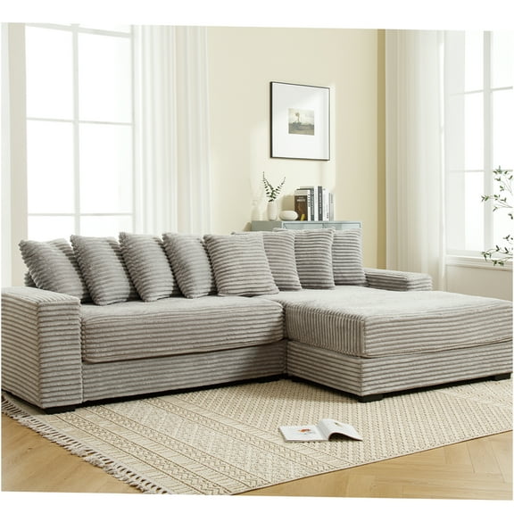 JERFIT Modern L-Shaped Corduroy Sectional Sofa with Right Chaise Lounge and 8 Pillows, Gray Fabric Corner Couch for Living Room