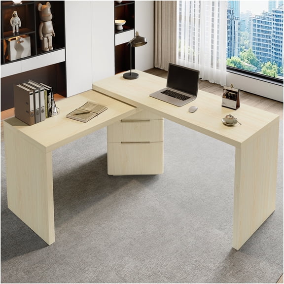 JERFIT Modern L-Shaped Corner Desk with 3 Drawers, 360 Rotating Desktop, Home Office Computer Desk, Natural Wood Finish
